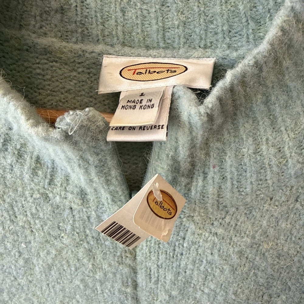 Talbots Blue Sparkle Beaded Wool Blend Stretch Christmas Tree Sweater New Large - Picture 5 of 13